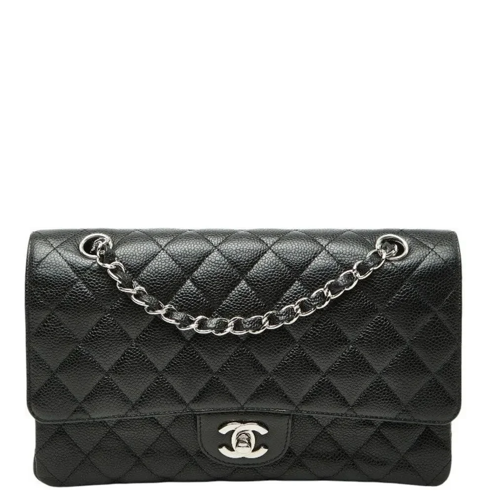 Chanel Matelasse 25 Coco Mark Double Flap Caviar Skin Shoulder Bag Black